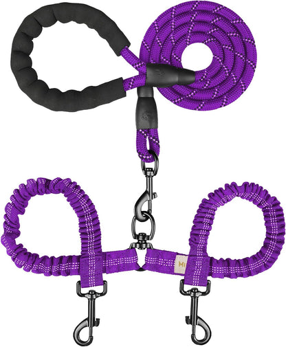 Double Dog Leash, Dual Dog Leash, 360° Swivel Tangle Free Bungee Walking Training for Large Medium Dogs, Shock Absorbing Bungee Reflective for Two Dogs, 18~123 Lbs, Blue