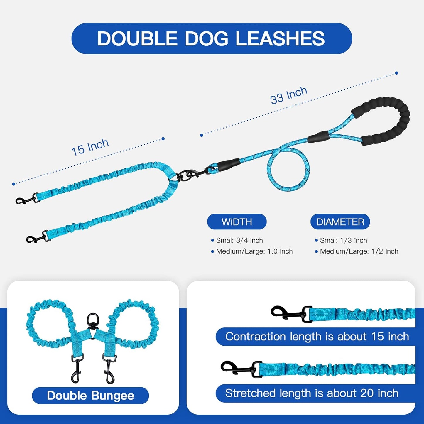 Double Dog Leash, Dual Dog Leash, 360° Swivel Tangle Free Bungee Walking Training for Large Medium Dogs, Shock Absorbing Bungee Reflective for Two Dogs, 18~123 Lbs, Blue