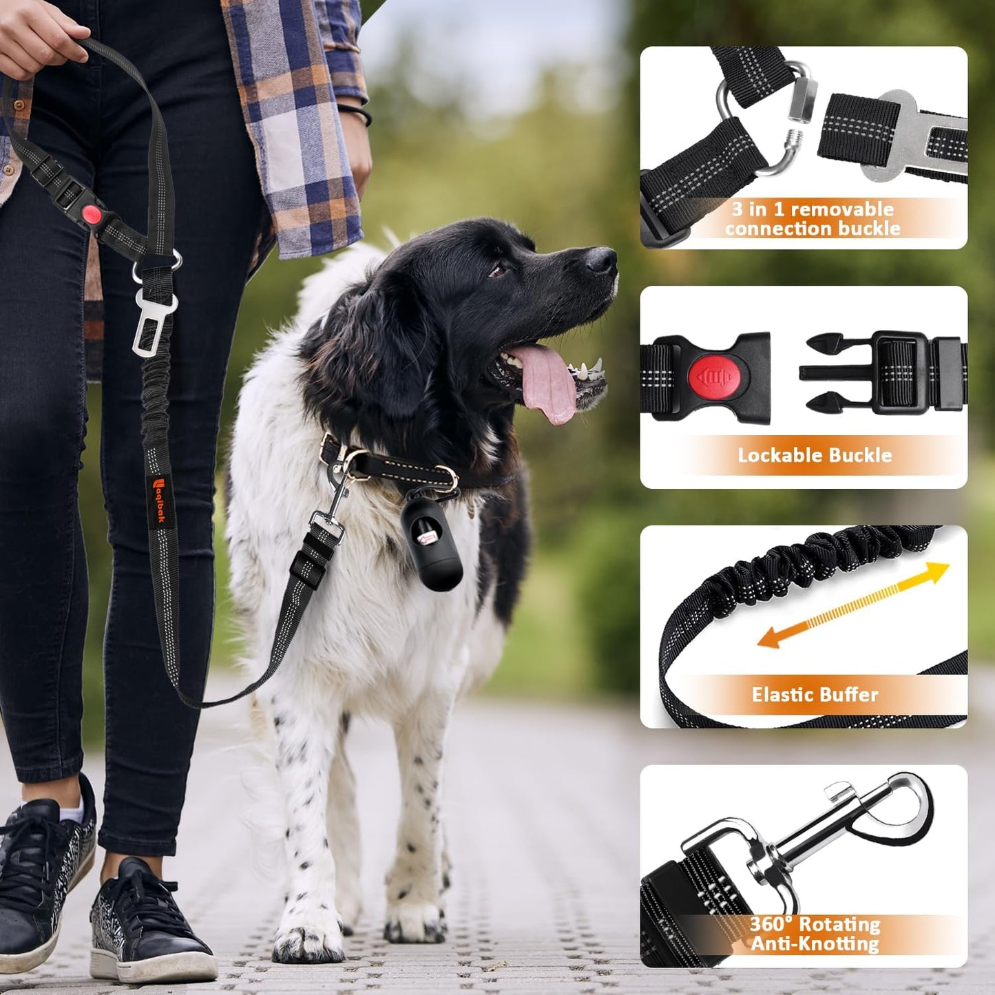 3-in-1 Dog Car Seat Belt Harness – Adjustable Reflective Headrest Tether & Retractable Bungee Safety Leash