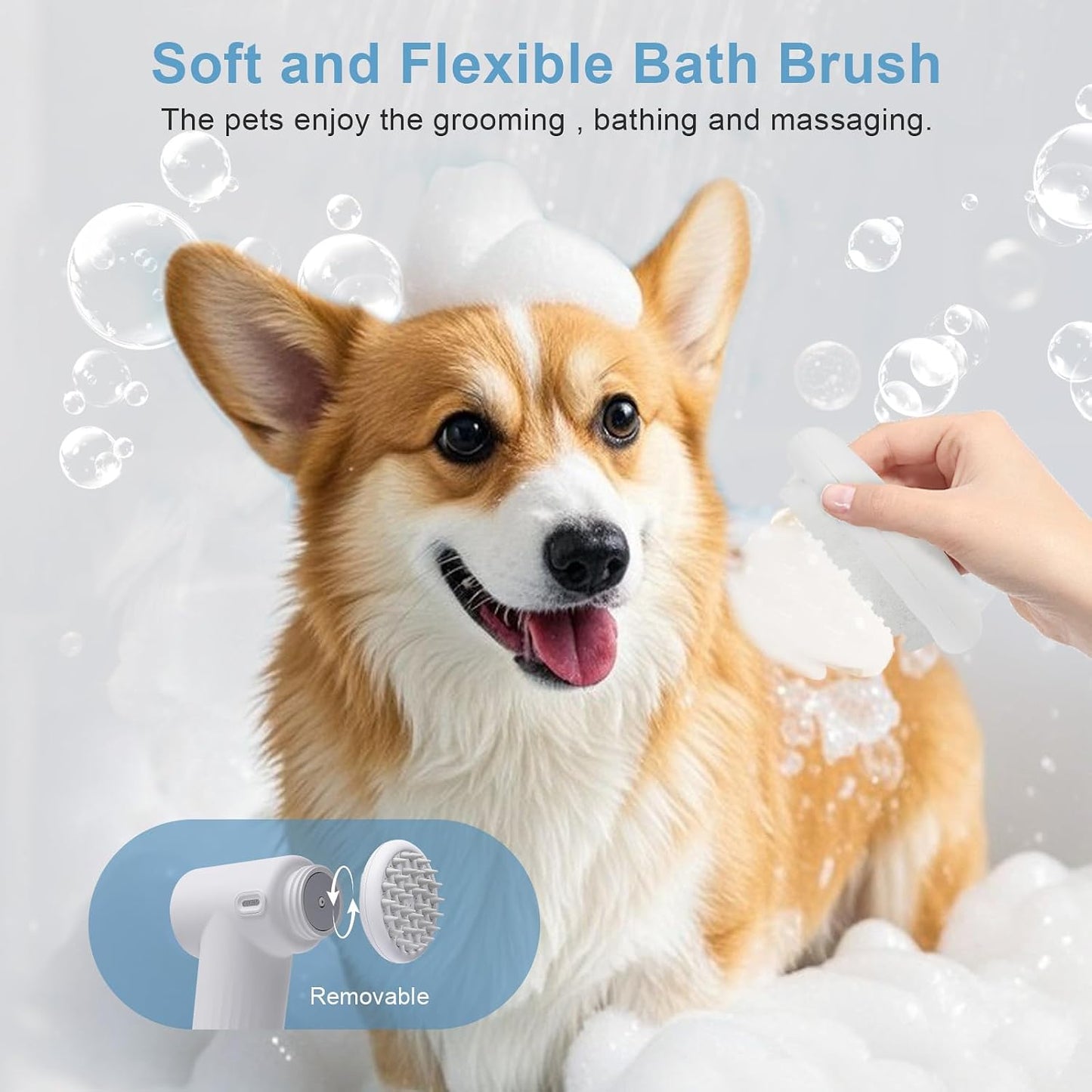 Rechargeable Foaming Dog Shampoo Dispenser with Brush for Bathing, Soft Brush, Massaging and Grooming, Bubble/Spray Mode