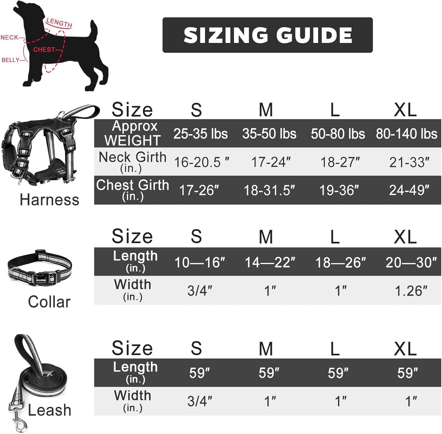 Pet Harness Collar and Leash Set, All-In-One Reflective Dog Harness No Pull with Adjustable Buckles, Small, Medium, Large, and Extra-Large Dogs (Black)