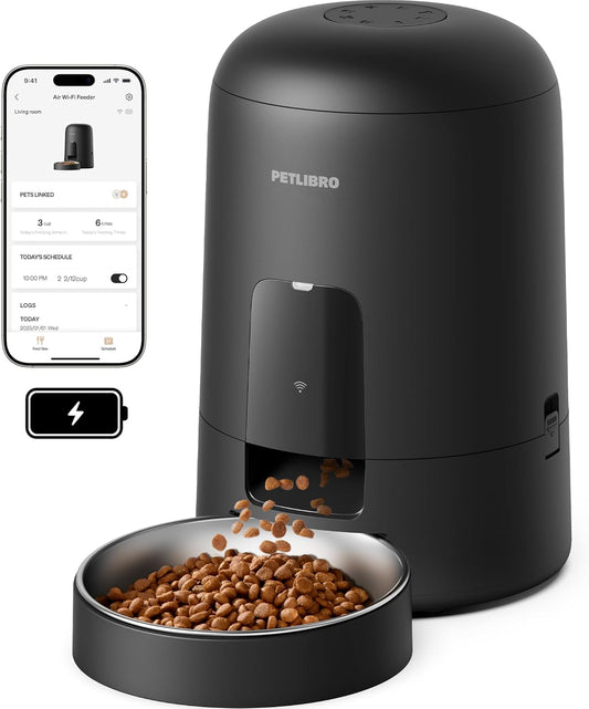 Automatic Cat Feeder, Wi-Fi Rechargeable Cats Food Dispenser Battery-Operated with 30-Day Life, AIR 2.4G Wi-Fi Timed Pet Feeder for Cats & Dogs, 2L Auto Cat Feeder, Black