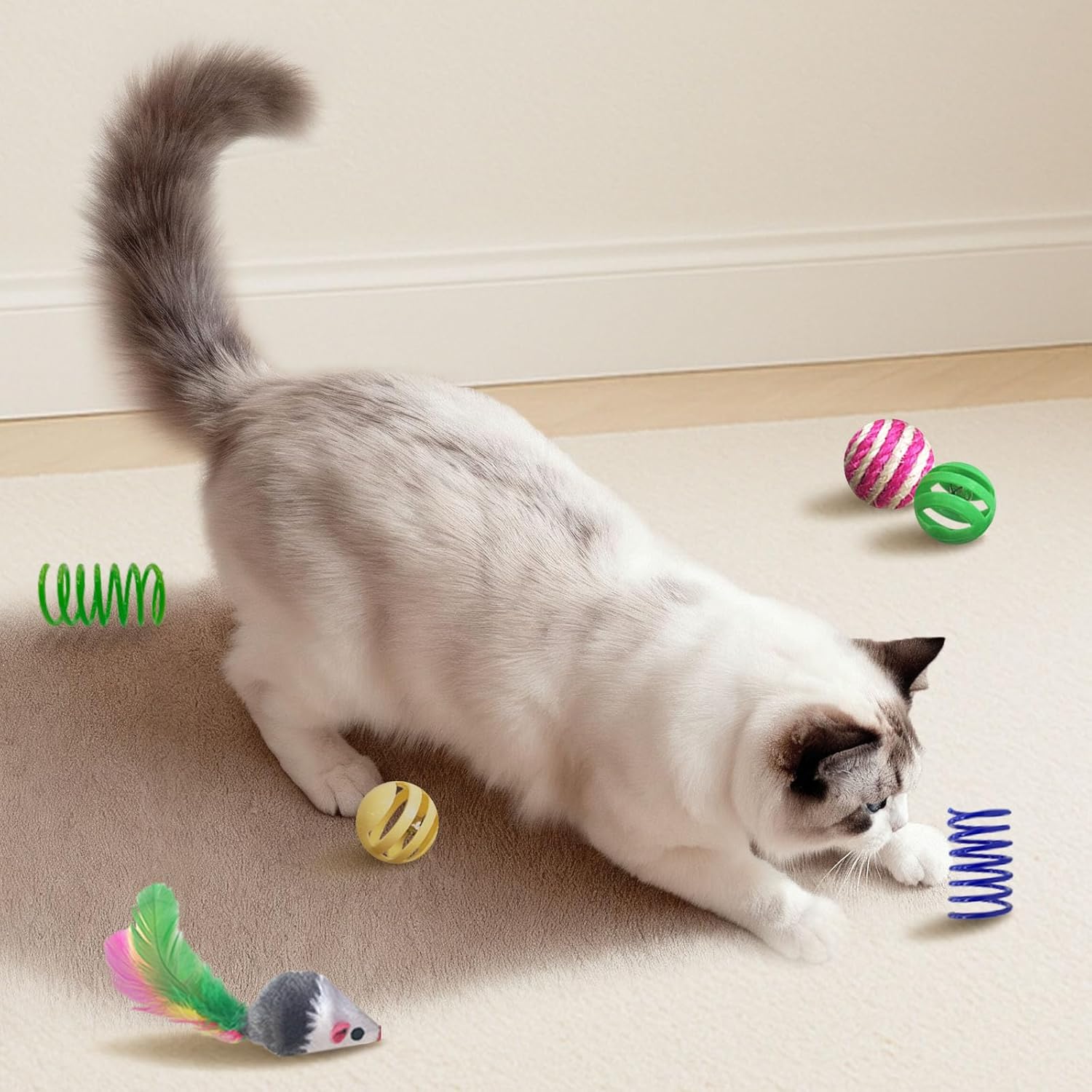 Cat Toys for Indoor Cats, 34 Packs Interactive Cat Toy Set with Colorful Springs Toys, Mouse Toy, Catnip Ropes, Balls, Bells, and Sisal Ball 