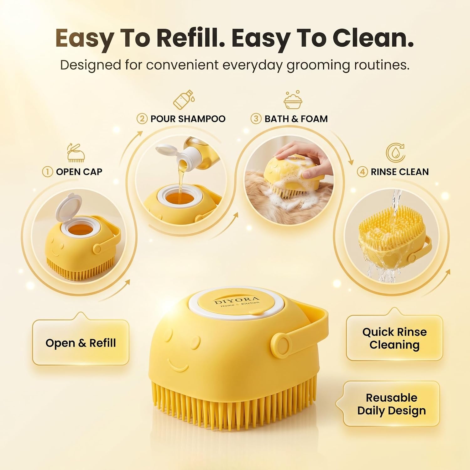 Pet Shampoo Brush, 2-In-1 Silicone Bath Brush with Soap Dispenser for Dogs & Cats
