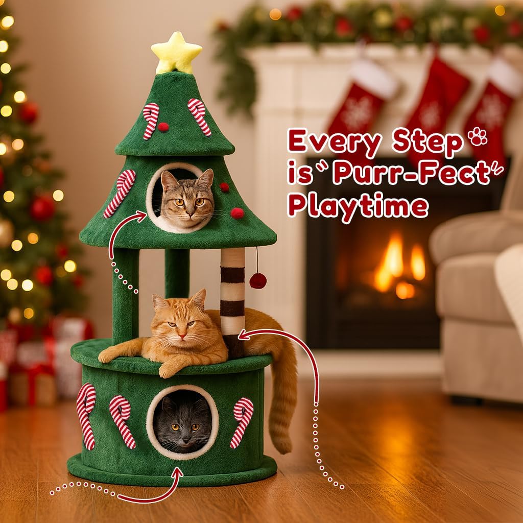 55" Christmas Cat Tree with 3 Cozy Houses Indoor Holiday Pet Tower with Anti-Tip Kit and Toy Balls,Decoration Climbing Furniture for Cats to Play and Sleep