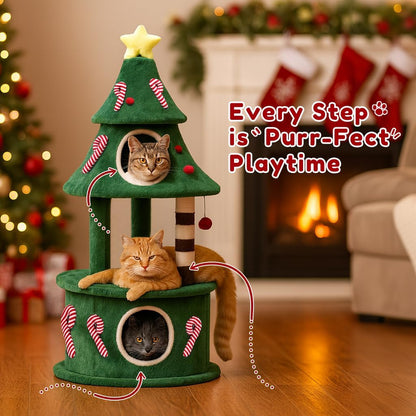 55" Christmas Cat Tree with 3 Cozy Houses Indoor Holiday Pet Tower with Anti-Tip Kit and Toy Balls,Decoration Climbing Furniture for Cats to Play and Sleep