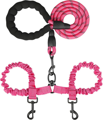 Double Dog Leash, Dual Dog Leash, 360° Swivel Tangle Free Bungee Walking Training for Large Medium Dogs, Shock Absorbing Bungee Reflective for Two Dogs, 18~123 Lbs, Blue