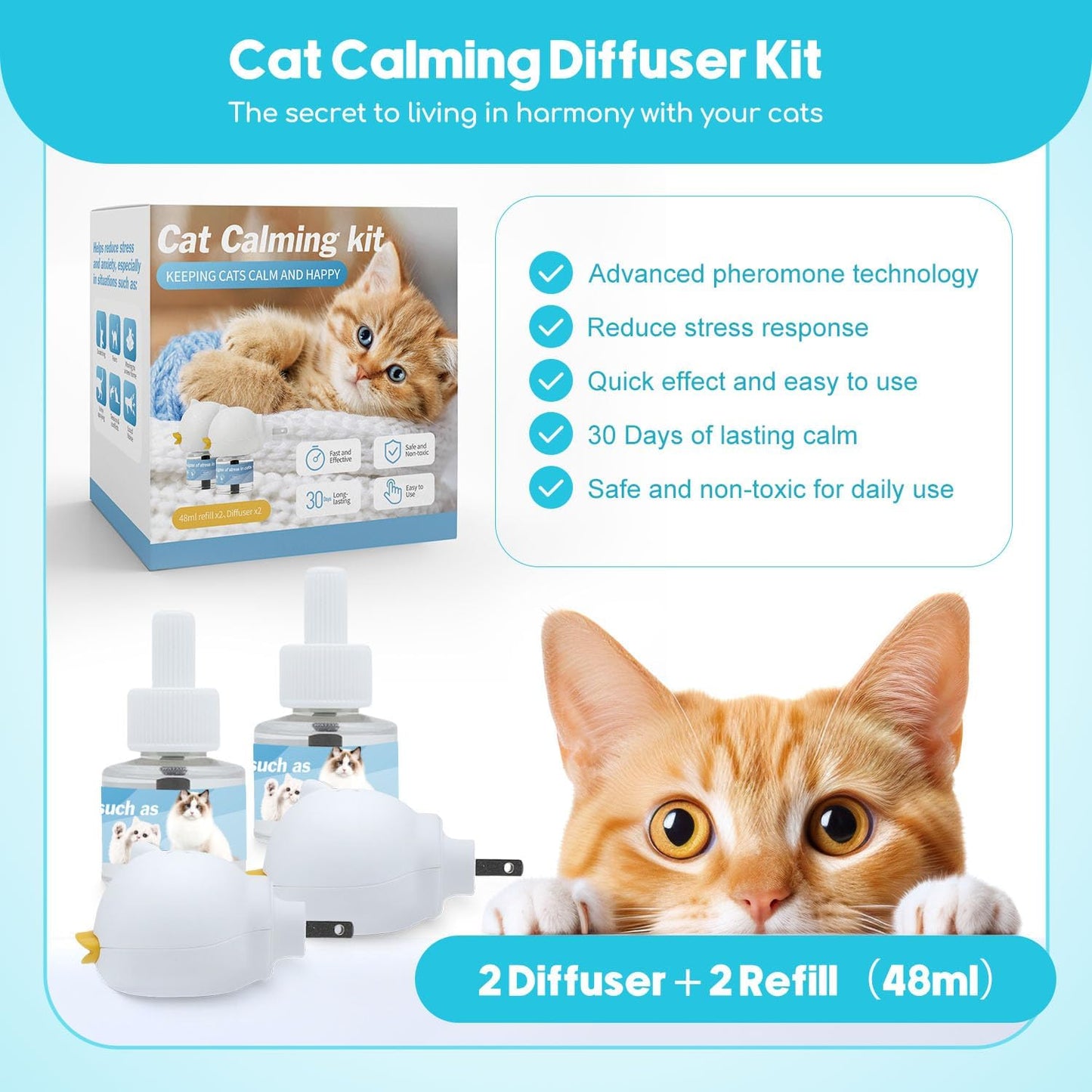 Cat Calming Diffuser 2 Pack Multi Cat Pheromones Diffuser Helps Calm Cats for 60 Days Effectively Relieve Anxiety Stress