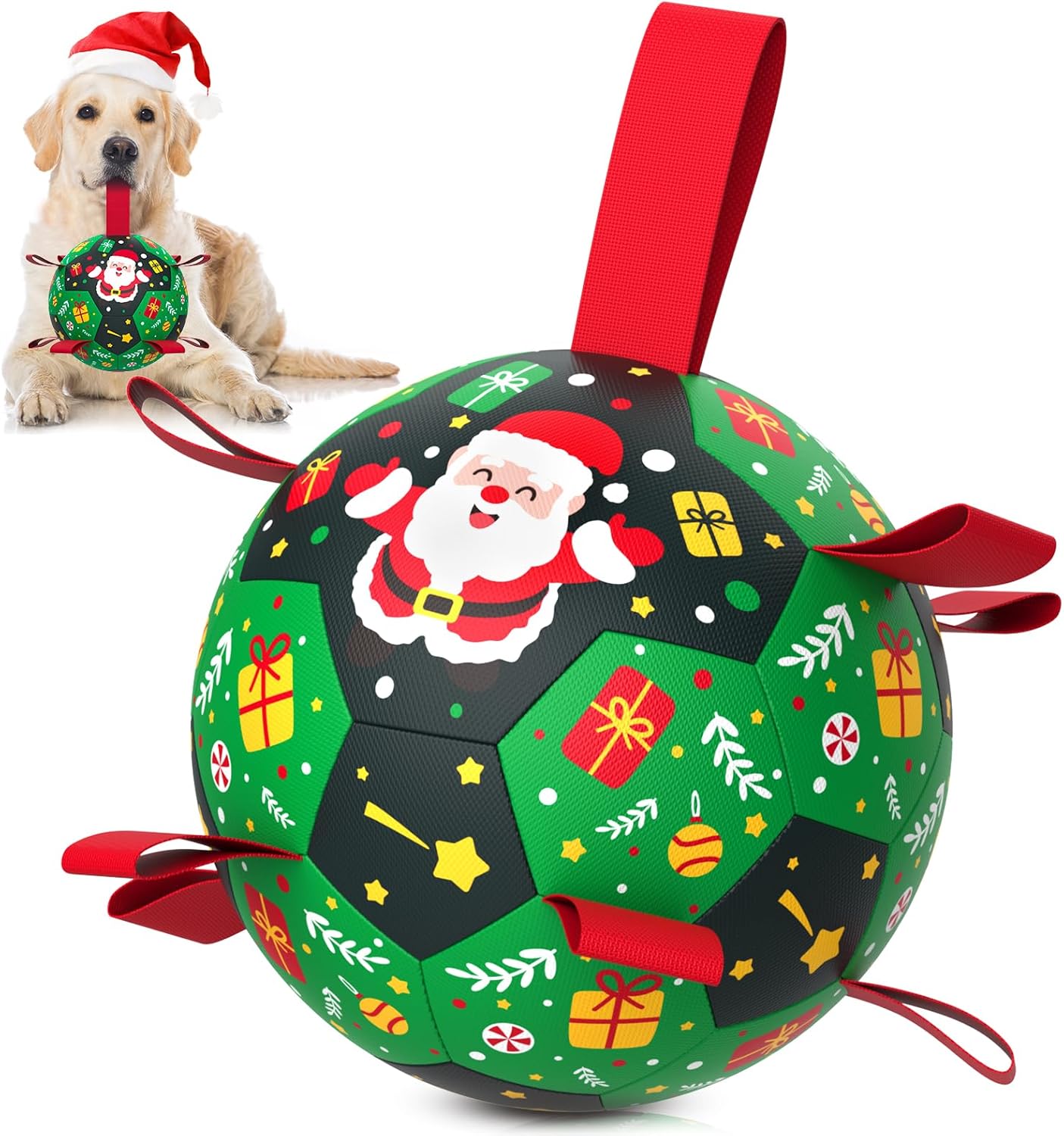 Christmas Dog Toys: Soccer Ball with Straps for Outdoor Play, Tug of War- Dog Birthday Gift, 8 Inch Balls for Medium & Large Dogs