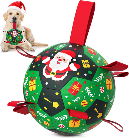 Christmas Dog Toys: Soccer Ball with Straps for Outdoor Play, Tug of War- Dog Birthday Gift, 8 Inch Balls for Medium & Large Dogs