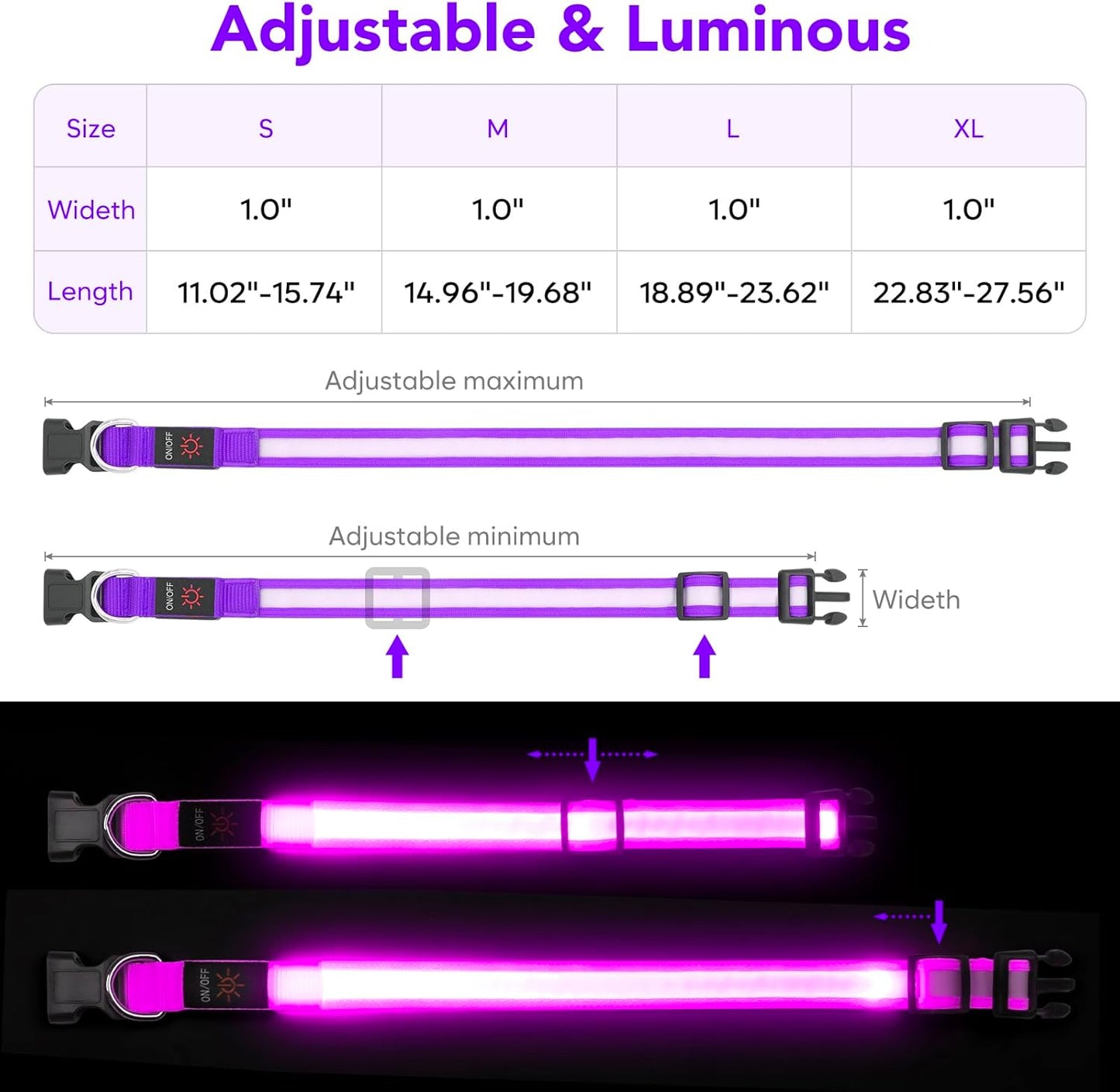 LED Dog Collar, Light up Dog Collar Adjustable USB Rechargeable Super Bright Safety Light Glowing Collars for Dogs