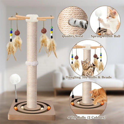 Cat Scratching Post, Sisal, Interactive Furniture Toys for Indoor Cats Adults, 2 Mounting Methods Scratcher Tree Tower with Hanging and Ball Track