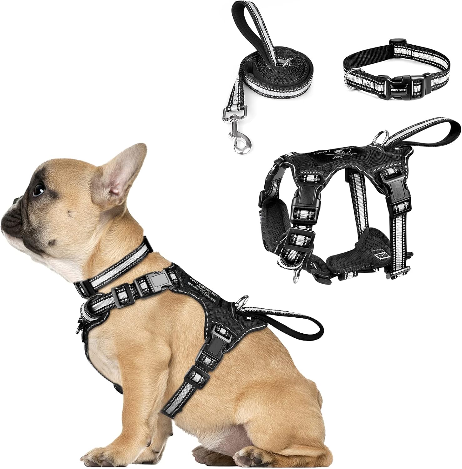 Pet Harness Collar and Leash Set, All-In-One Reflective Dog Harness No Pull with Adjustable Buckles, Small, Medium, Large, and Extra-Large Dogs (Black)