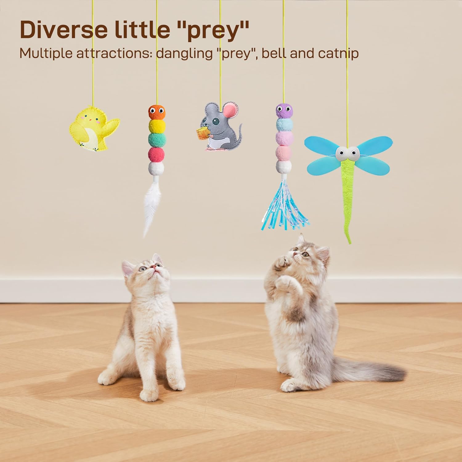 Interactive Cat Feather Toy 5 Pcs, Cat Teaser Retractable Hanging Indoor Kitten Play Chase Exercise, Mental Physical Stimulation for All Breeds and Species