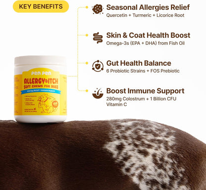Dog Allergy Chews - Anti-Itch & Itchy Skin Support for Dogs, Probiotics & Omega 3 (Fish Oil) for Immune & Gut Health - Peanut Butter Flavor - 180 Soft Chews