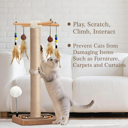 Cat Scratching Post, Sisal, Interactive Furniture Toys for Indoor Cats Adults, 2 Mounting Methods Scratcher Tree Tower with Hanging and Ball Track