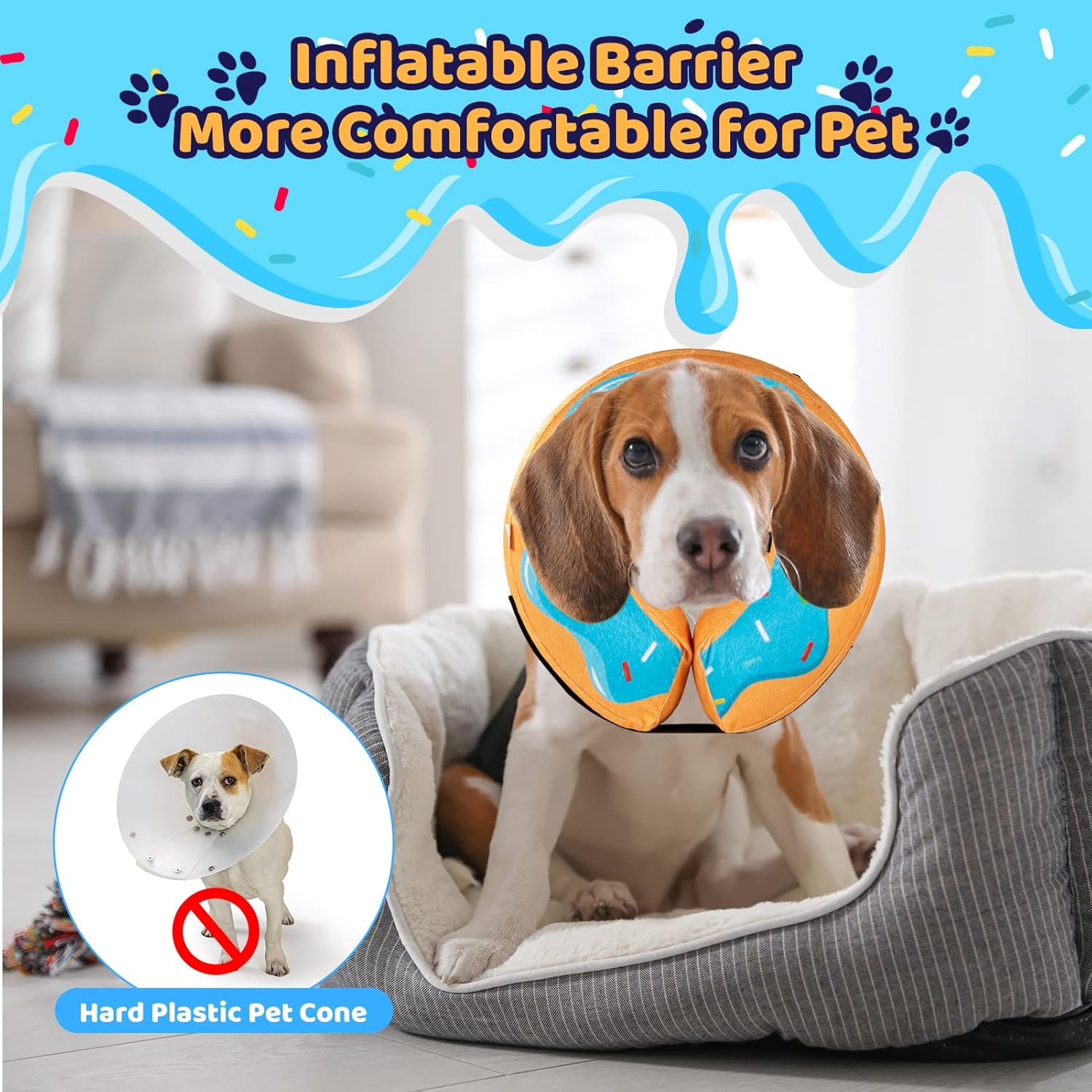 Donut Inflatable Collar for Dogs and Cats, Soft Recovery Dog Cone after Surgery, Protective Pet Neck Cone for Small, Medium, Large Dogs, Not Block Vision (Blue, M)
