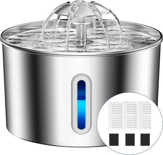 Cat Water Fountain Stainless Steel - 74Oz/2.2L Corded Pet Water Dispenser Automatic Silent Cats Dispenser with 3 Filters & 3 Sponges