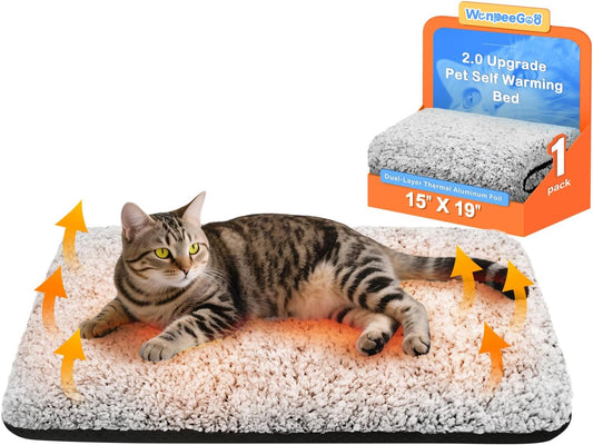 Self Warming Cat Bed, Heated Cat Bed, Plush Self-Heating Pet Mat for Crate, Floor, with Removable Washable Cover, Non-Slip, 15"X19"