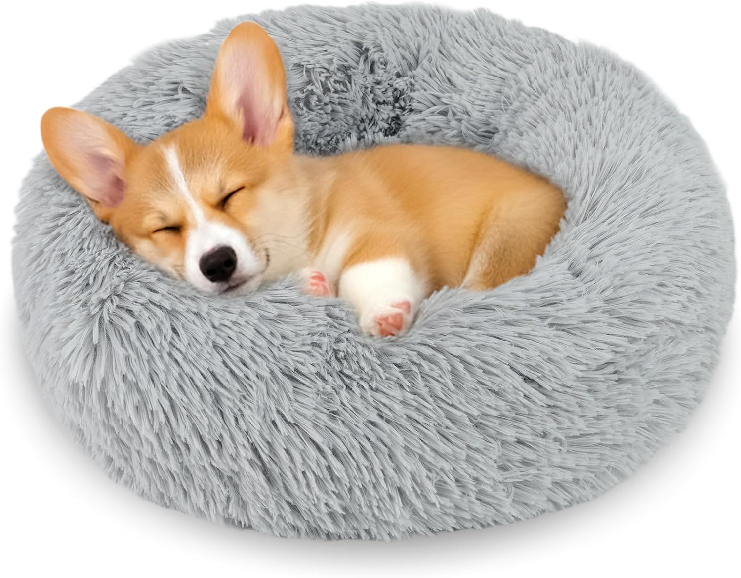 Calming Anti-Anxiety Donuts Dog and Cat Bed, round Fluffy Soft Washable Small Medium Pet Bed for Puppy and Kitten, Cuddler Warming Comfortable Cushion, Luxury Anti-Slip Waterproof Base 20In Gray