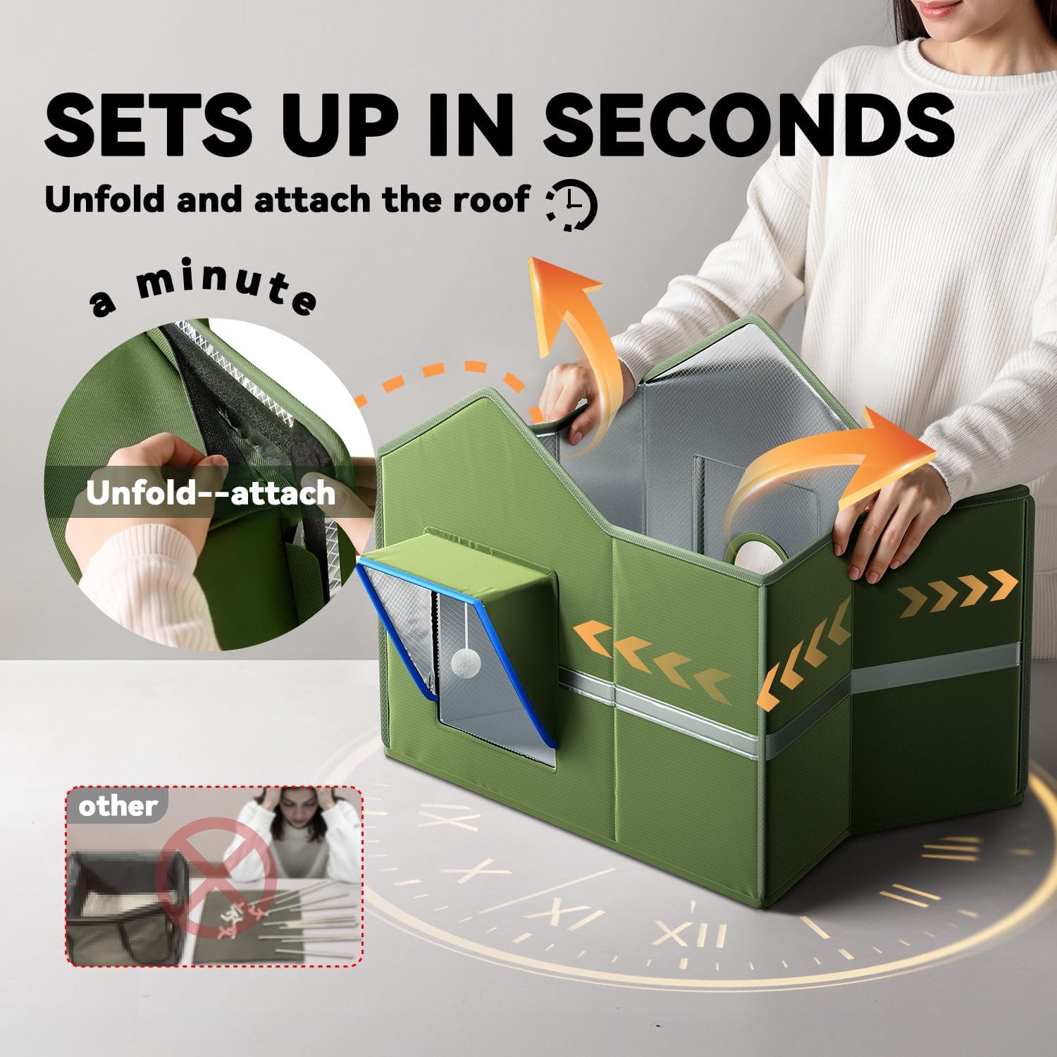 Heated Cat Shelter for Outside, Large Outdoor Cat House with Roof Window and Cozy Cushion, Weatherproof Foldable and Easy Assembly Design