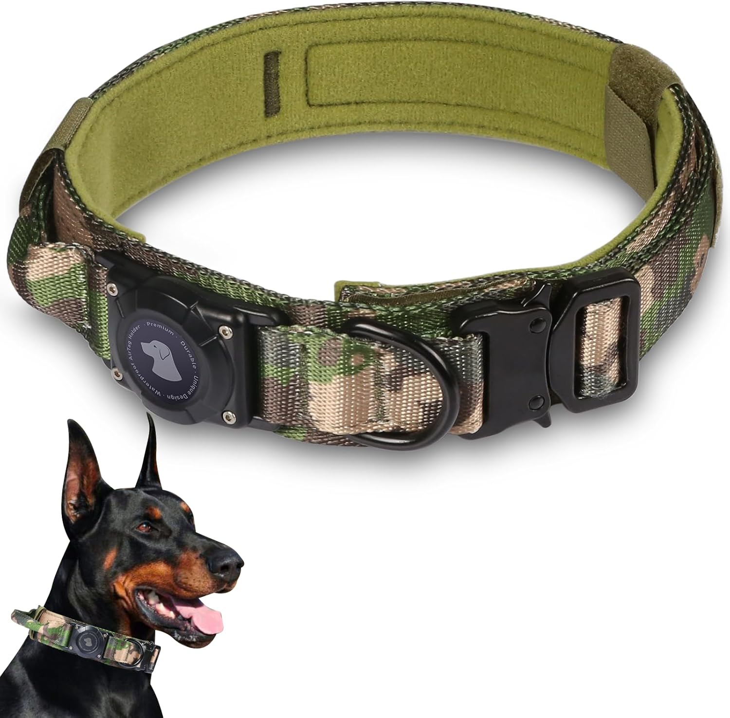 2025 Upgrade Waterproof Airtag Dog Collar, Military Tactical Dog Collar with Airtag Holder, Comfortable Control Handle and Metal Buckle, GPS Dog Collar Holder for Medium to Large Dogs (Armygreen, L)