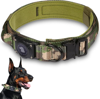 2025 Upgrade Waterproof Airtag Dog Collar, Military Tactical Dog Collar with Airtag Holder, Comfortable Control Handle and Metal Buckle, GPS Dog Collar Holder for Medium to Large Dogs (Armygreen, L)