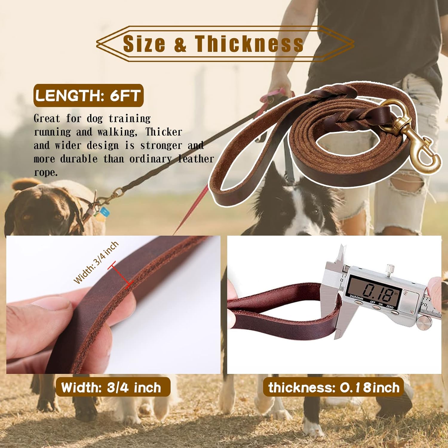 Leather Dog Leash 6Ft X 3/4 Inch,Strong Heavy Duty Genuine Leather Braided Dog Training Leash, Soft and Comfortable Leather Leash for Large Dogs, Medium Small Dogs (Brown, 6Ft*3/4In)