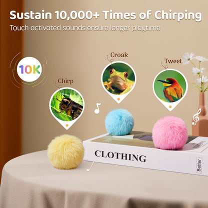 Chirping Cat Toy Balls with Silvervine Catnip, 3 Pack Fluffy Interactive Cat Kickers, 3 Lifelike Animal Sounds, Catnip Exercise Toys