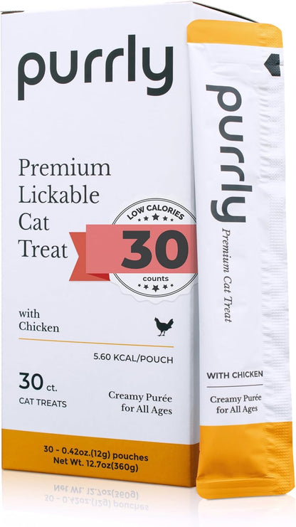 Purrly Lickable Wet Cat Treats Healthy Grain-Free Chicken Variety Pack (30 Count) Squeezable Creamy Purée with Human-Grade Protein Functional Nutrients Non-Gmo No-Artificial-Additives Low-Phosphorus