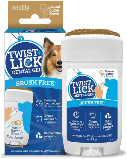 Twist and Lick Dental Gel for Dogs, Cleans Teeth and Freshens Breath for 24 Hours, Peanut Butter Flavor, 2 Oz, 30 Day Supply