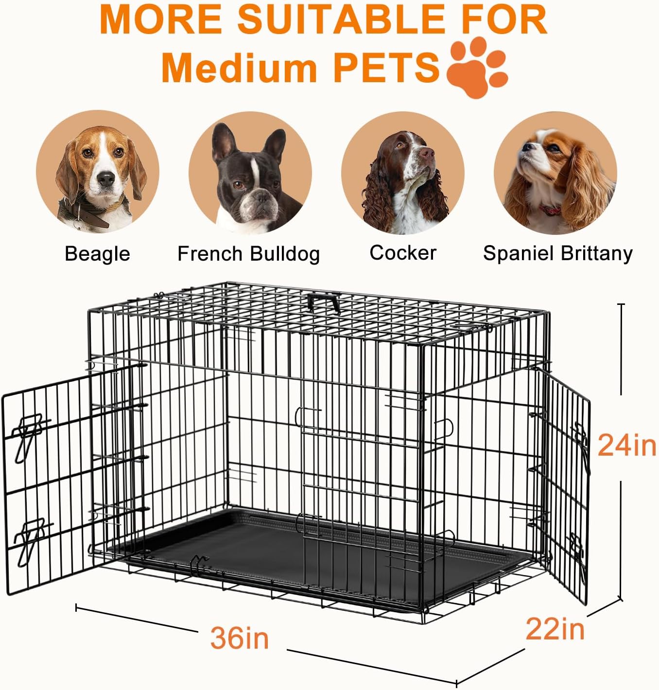 Dog Crate 36Inch Dog Cage Foldable Metal Kennel with Leakproof Tray Foldable Design Indoor Outdoor Use for Medium Dogs,Black