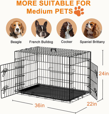 Dog Crate 36Inch Dog Cage Foldable Metal Kennel with Leakproof Tray Foldable Design Indoor Outdoor Use for Medium Dogs,Black