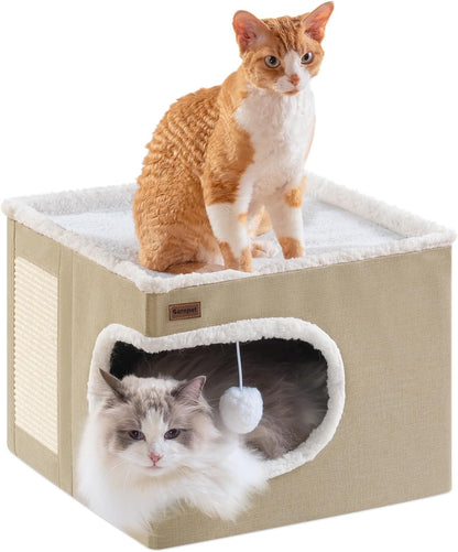 Cat Bed for Indoor Cats Cube House, Covered Cat Cave Beds & Furniture with Scratch Pad and Hideaway Tent, Cute Modern Cat Condo for Multi Small Pet Large Kitten Kitty, Green