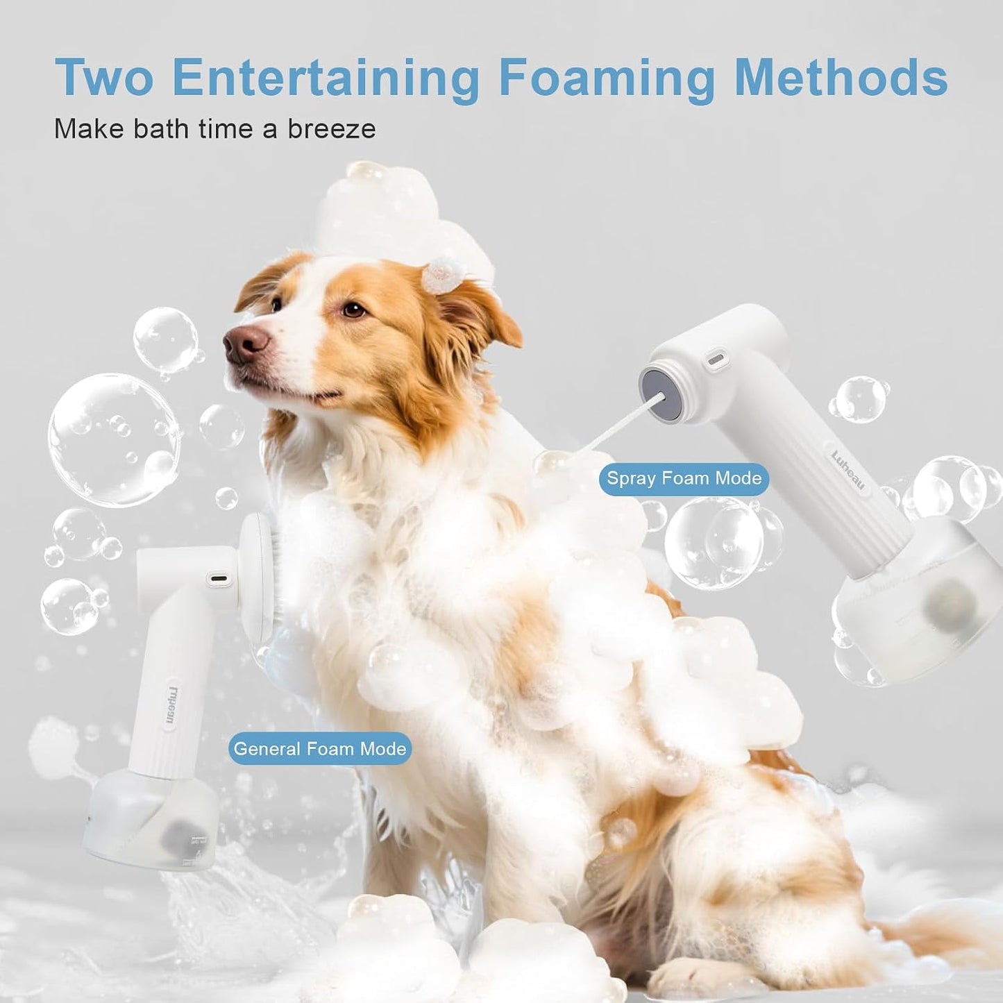 Rechargeable Foaming Dog Shampoo Dispenser with Brush for Bathing, Soft Brush, Massaging and Grooming, Bubble/Spray Mode
