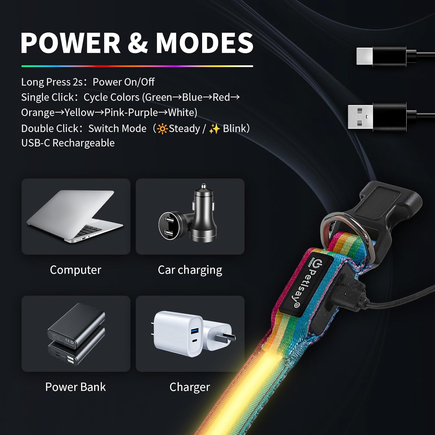 Premium LED Dog Collar for Night Walking - Light up Dog Collar Cycle 7 Solid Colors - Lighted Dog Collars USB C Rechargeable - Waterproof Glow in the Dark Dog Collars - Adjustable, Fashion, Safety(S)