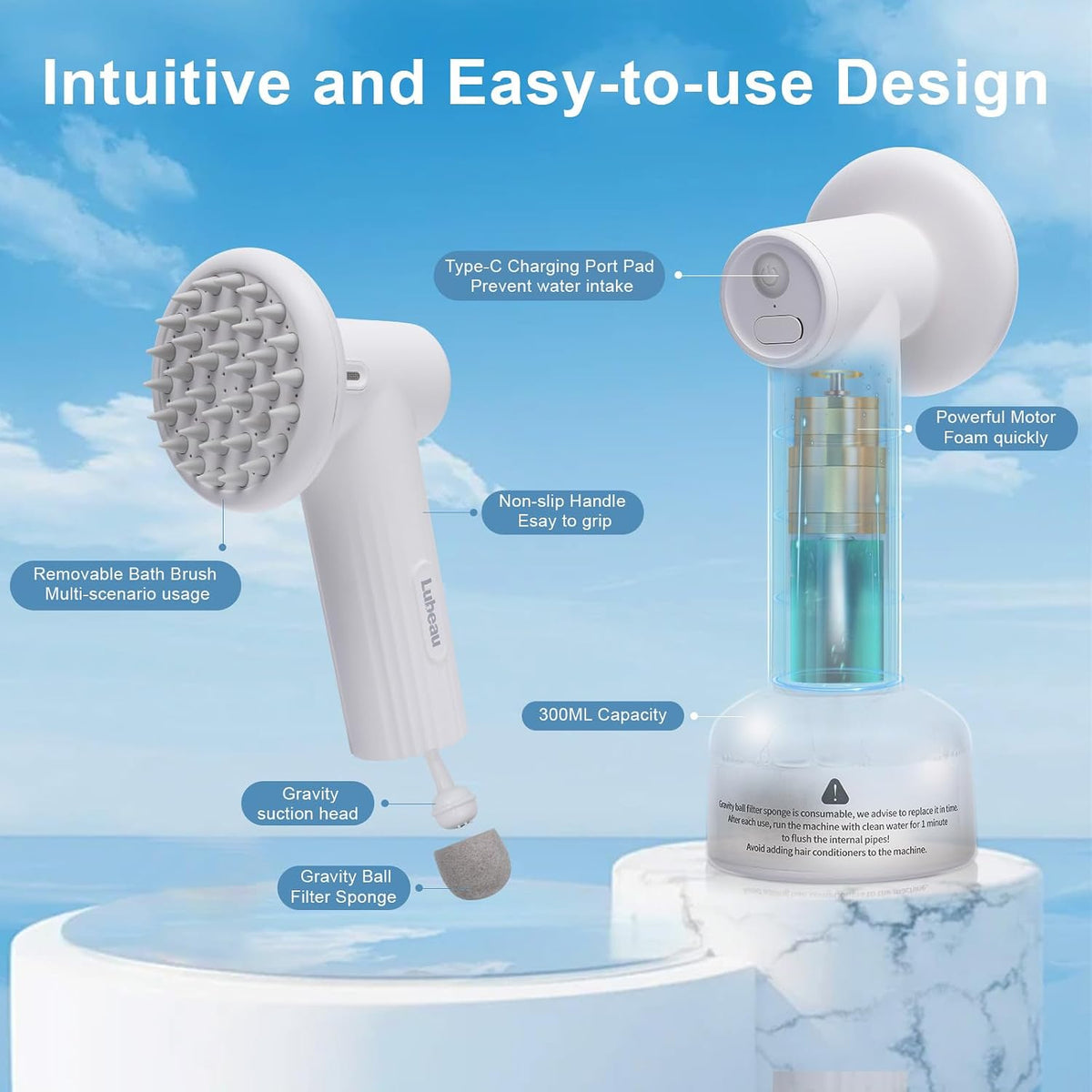 Rechargeable Foaming Dog Shampoo Dispenser with Brush for Bathing, Soft Brush, Massaging and Grooming, Bubble/Spray Mode