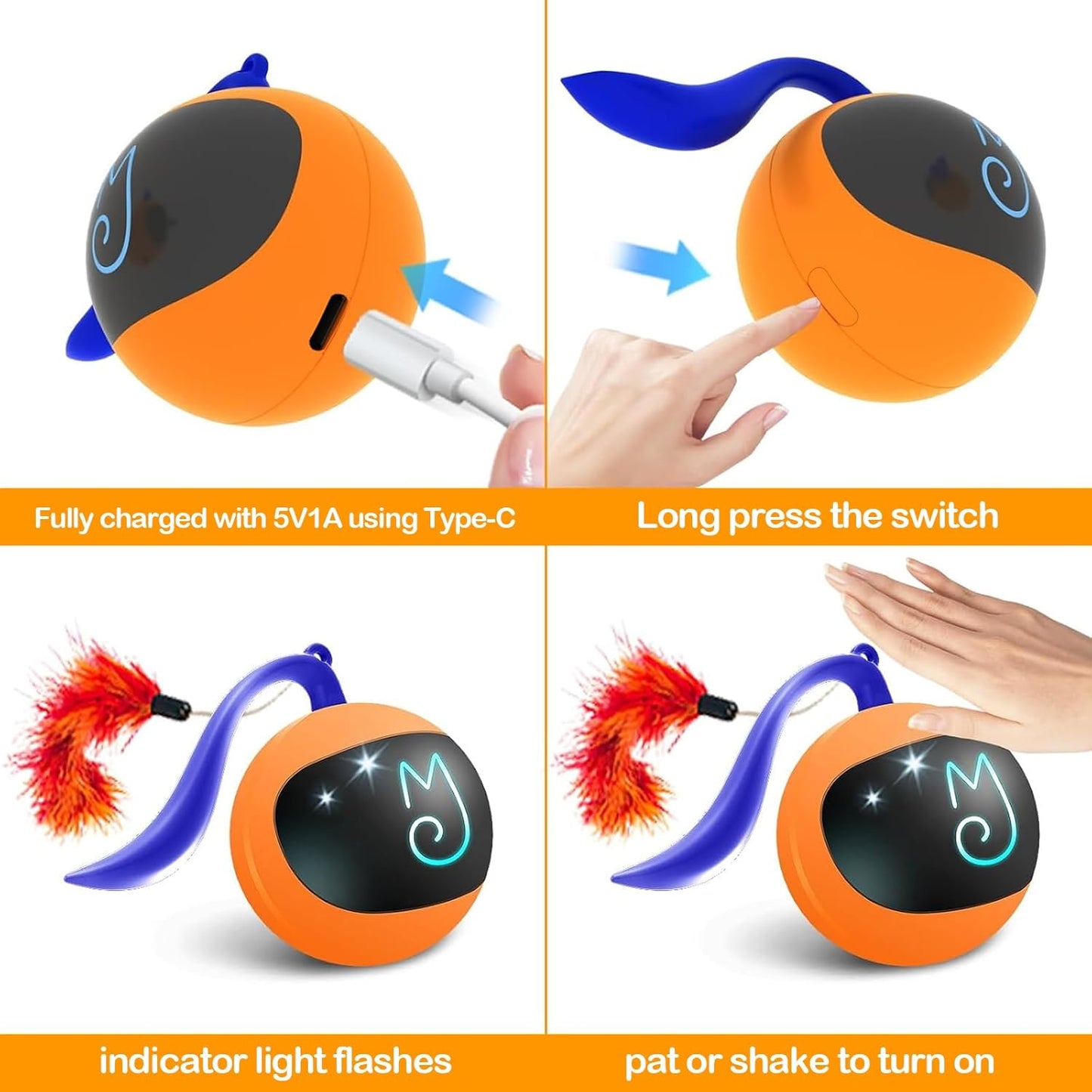 Interactive Cat Ball Toy Set, Fun Tracker, Automatic Rolling Chase Ball with Fluffy Tail, a Small Mice, Rechargeable 