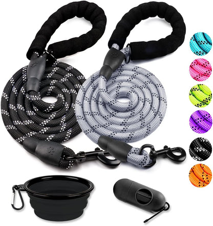 2 Pack Dog Leash 6 FT Heavy Duty - Comfortable Padded Handle - Reflective Dog Leash for Medium Large Dogs with Collapsible Pet Bowl Set 6-Black+Green
