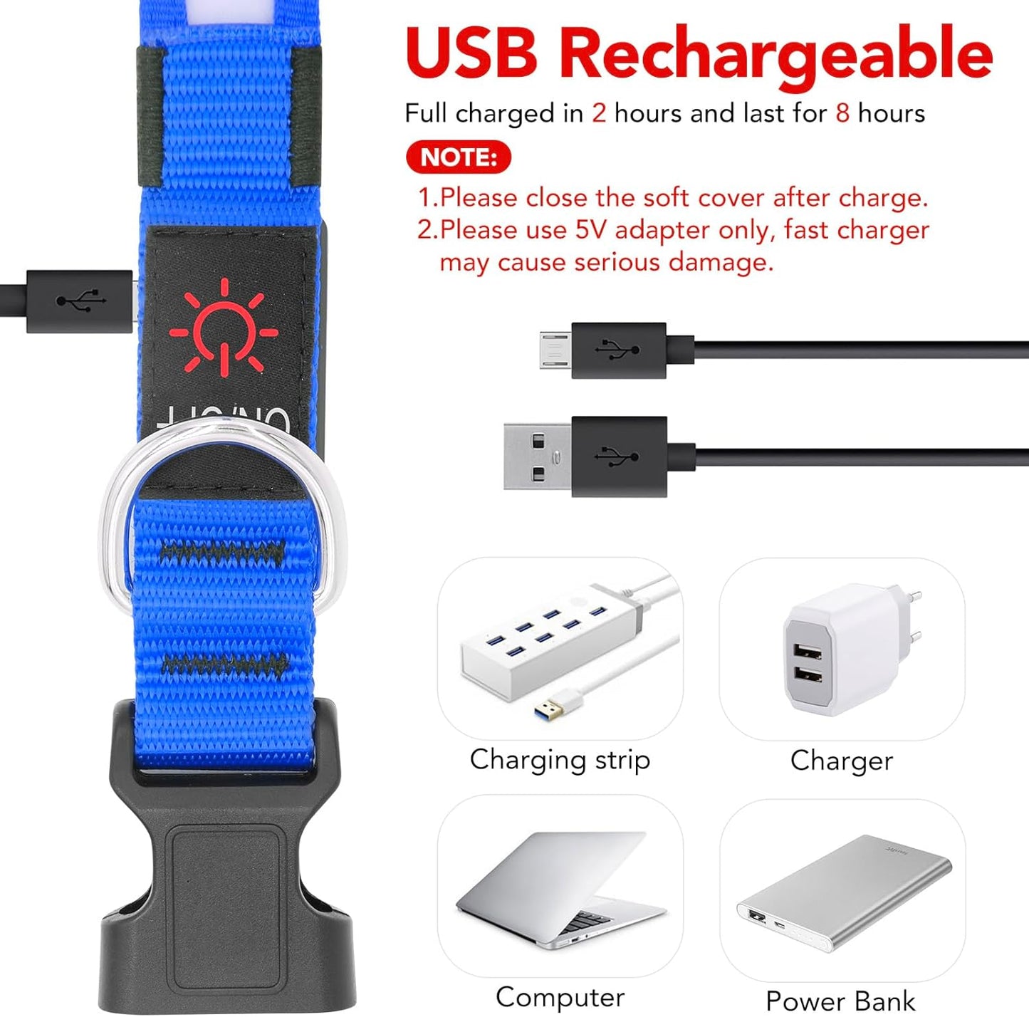 LED Dog Collar, Light up Dog Collar Adjustable USB Rechargeable Super Bright Safety Light Glowing Collars for Dogs(Medium,Blue)
