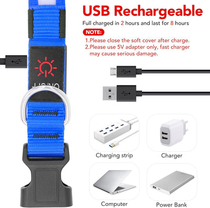 LED Dog Collar, Light up Dog Collar Adjustable USB Rechargeable Super Bright Safety Light Glowing Collars for Dogs(Medium,Blue)