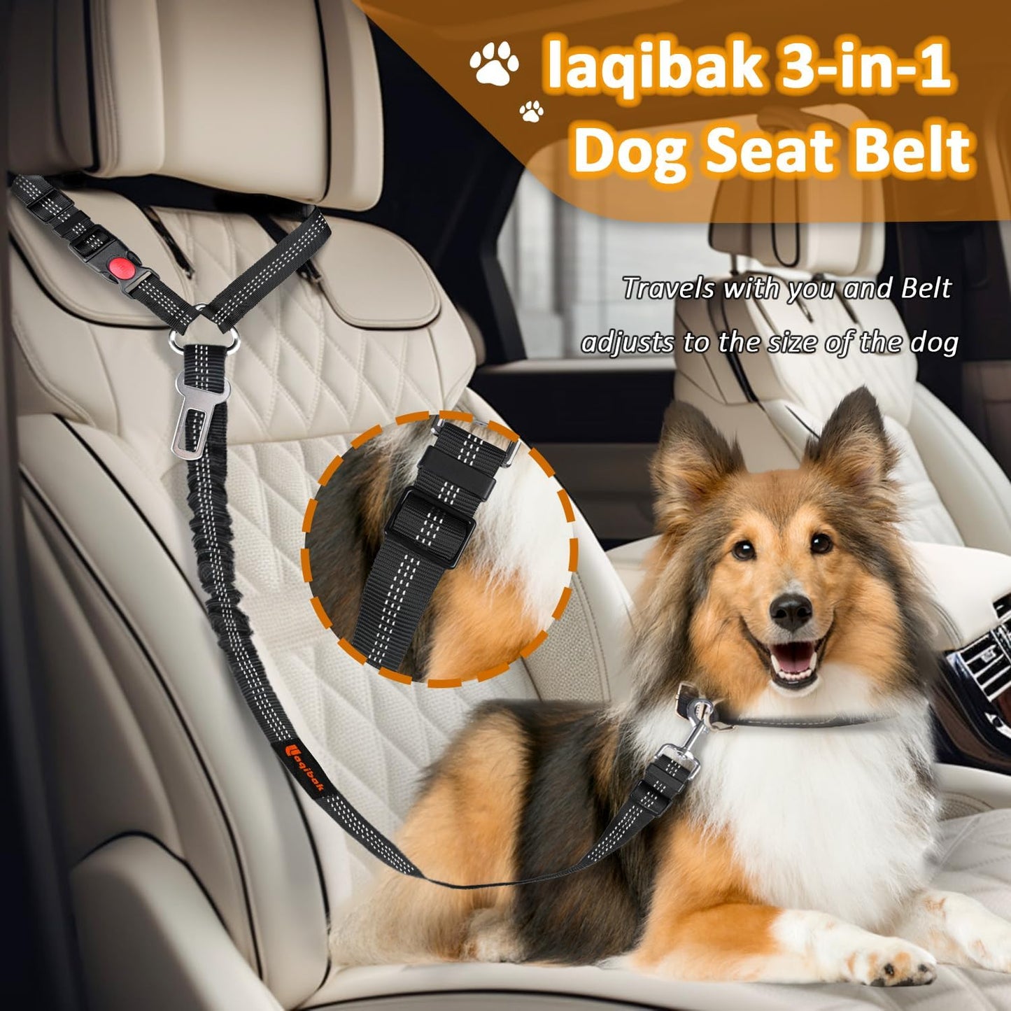 3-in-1 Dog Car Seat Belt Harness – Adjustable Reflective Headrest Tether & Retractable Bungee Safety Leash