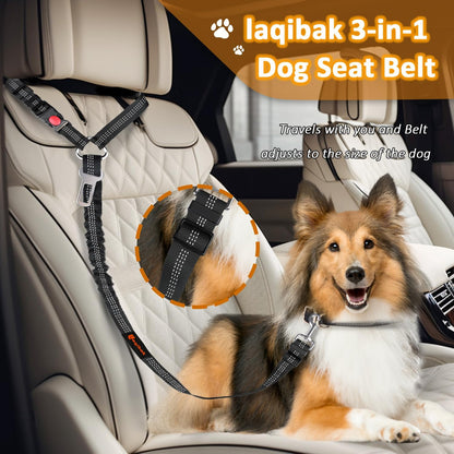 3-in-1 Dog Car Seat Belt Harness – Adjustable Reflective Headrest Tether & Retractable Bungee Safety Leash