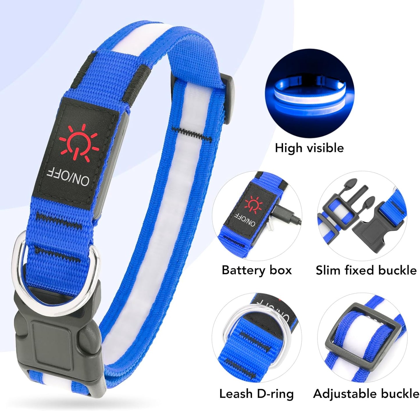 LED Dog Collar, Light up Dog Collar Adjustable USB Rechargeable Super Bright Safety Light Glowing Collars for Dogs(Medium,Blue)