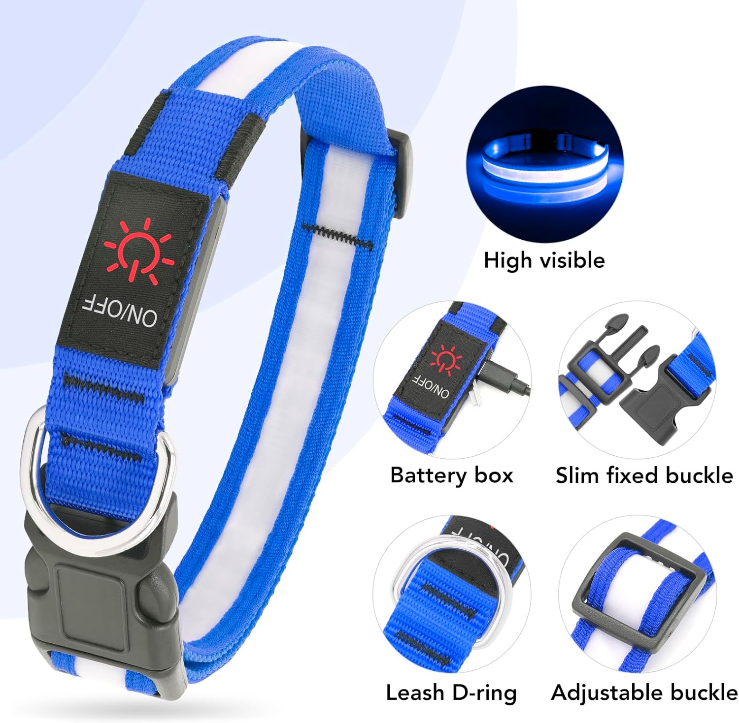 LED Dog Collar, Light up Dog Collar Adjustable USB Rechargeable Super Bright Safety Light Glowing Collars for Dogs(Medium,Blue)