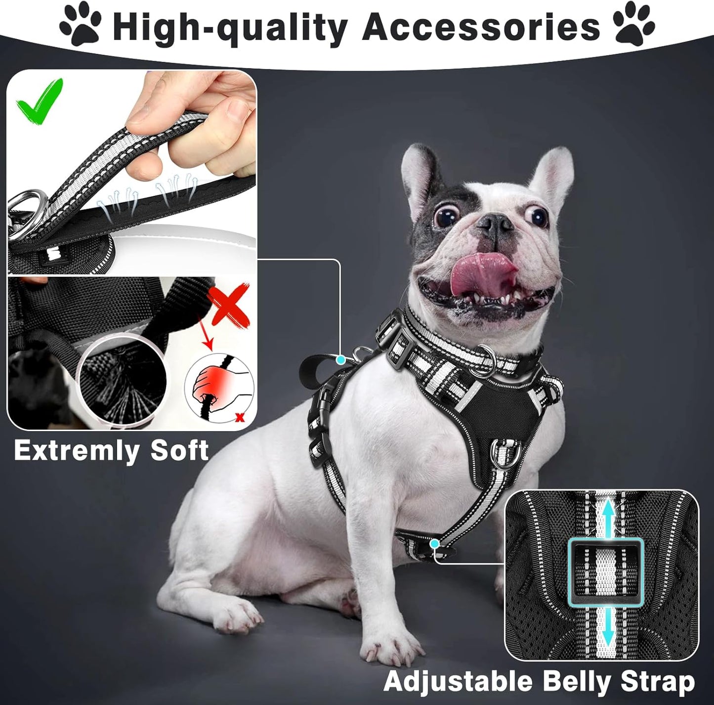 Pet Harness Collar and Leash Set, All-In-One Reflective Dog Harness No Pull with Adjustable Buckles, Small, Medium, Large, and Extra-Large Dogs (Black)
