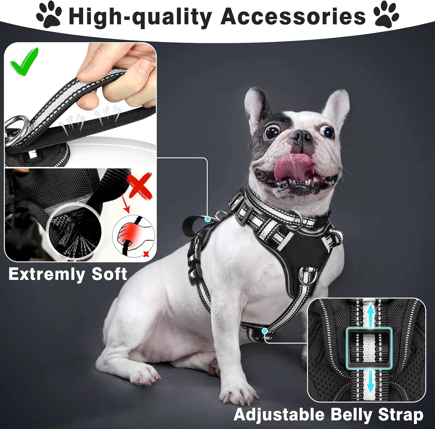 Pet Harness Collar and Leash Set, All-In-One Reflective Dog Harness No Pull with Adjustable Buckles, Small, Medium, Large, and Extra-Large Dogs (Black)