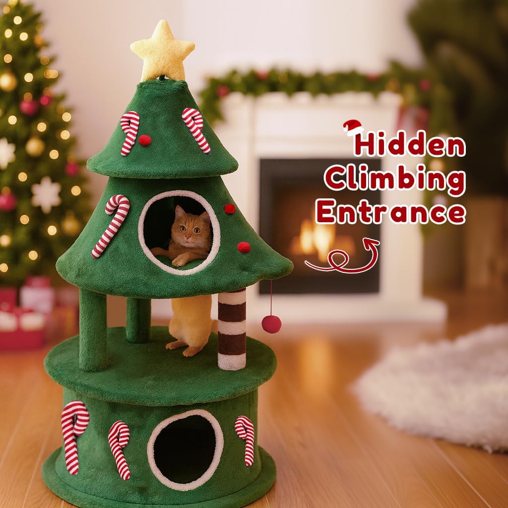 55" Christmas Cat Tree with 3 Cozy Houses Indoor Holiday Pet Tower with Anti-Tip Kit and Toy Balls,Decoration Climbing Furniture for Cats to Play and Sleep