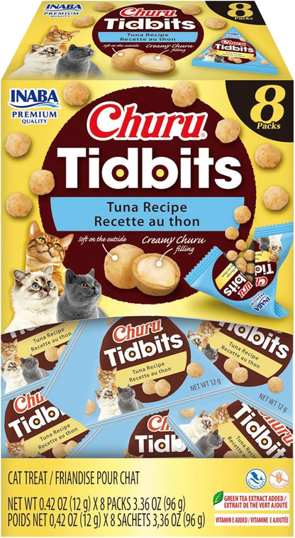 Churu Tidbits for Cats, Soft & Chewy Churu Filled, Baked Chicken Cat Treats with Taurine & Green Tea Extract, 0.42Oz per Pack, 8 Packs Total, Tuna & Salmon Recipe