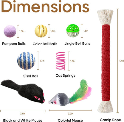 Cat Toys for Indoor Cats, 34 Packs Interactive Cat Toy Set with Colorful Springs Toys, Mouse Toy, Catnip Ropes, Balls, Bells, and Sisal Ball 